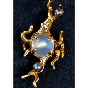 Moonstone Pearl Freeform Ring 14k Yellow Gold Designer Estate Jewelry 8.7g